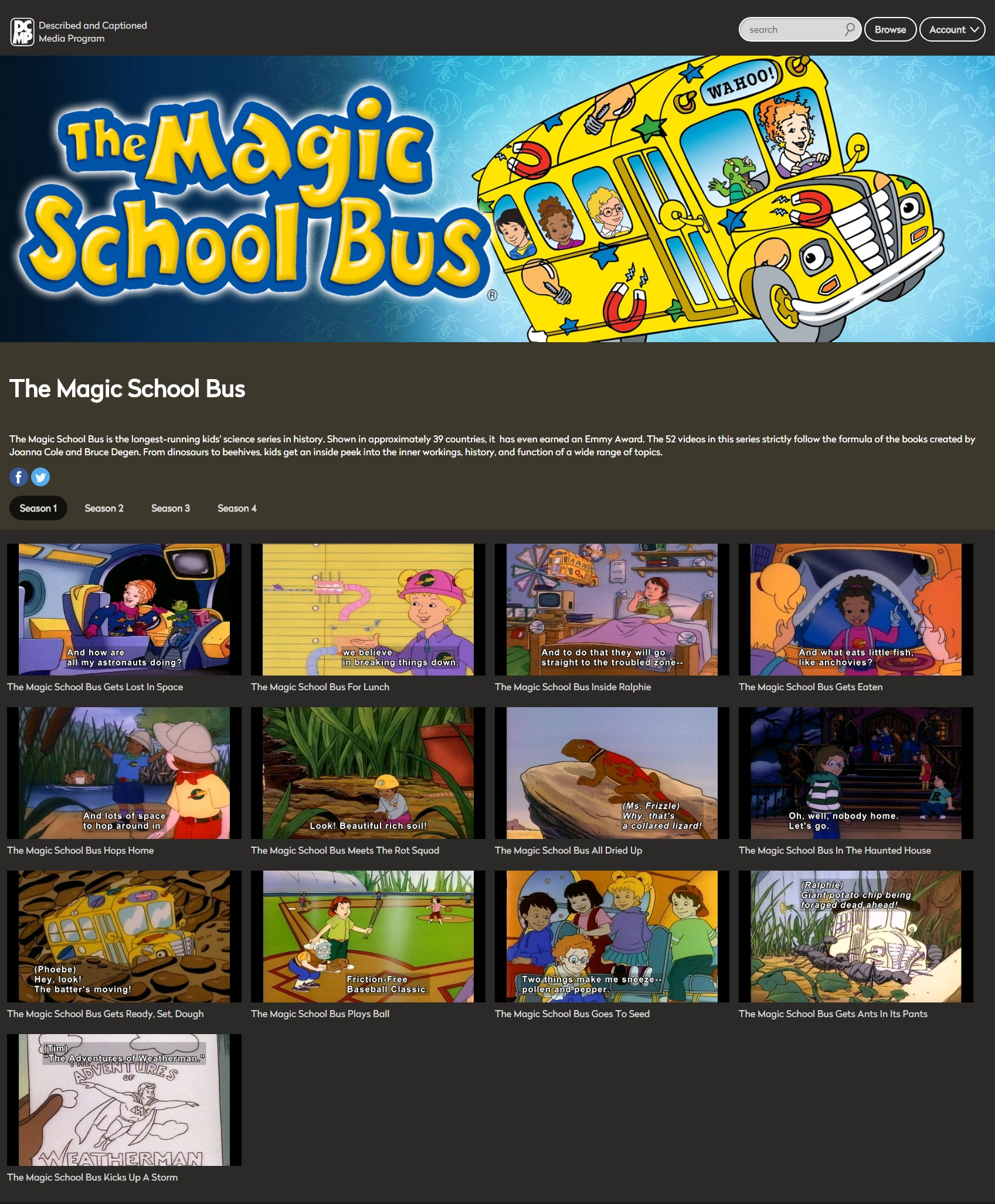 series page for The Magic School Bus shows thumbnail images of all the videos in the series.