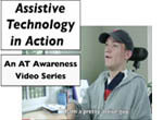 Screen capture of blind teen boy sitting and talking - words 'assistive technology in action, an AT awareness video series'.