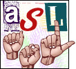 Drawing of three hands forming the letters A S L in sign language. The letters A S L cut from a magazine in the background.