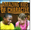 Words 'Amazing Kids of Character' chiseled into a cgi mountain. A young boy and girl sit together smiling.