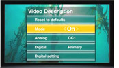 Screen capture of PSA about video description shows a menu to turn on accessibility features.