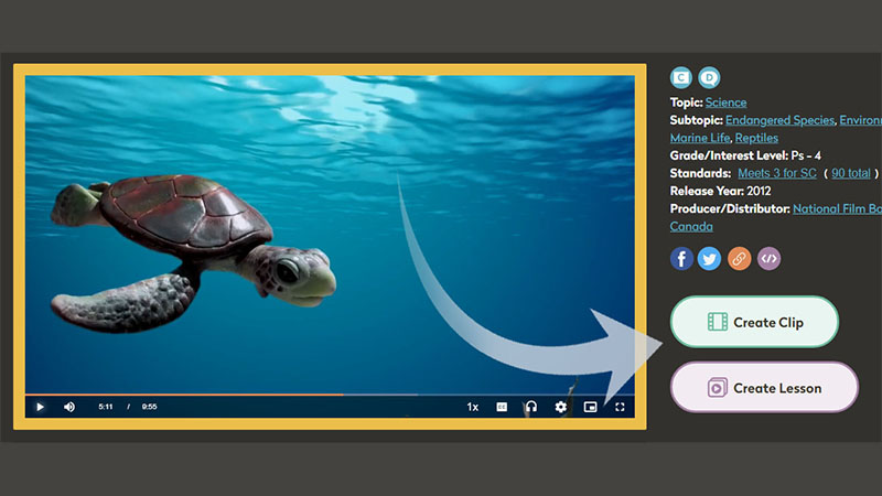 A screenshot of a video player with an arrow pointing to the Create Clip button