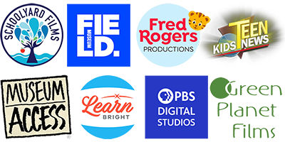 A selection of logos of our some of our broadcast partners including Schoolyard Films, FIELD, Fred Rogers Productions, Teen Kids News, Museum Access, Learnbright, PBS Digital Studios, and Green Planet Films