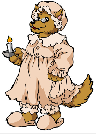 A cartoon wolf wears a pink nightgown and night cap.