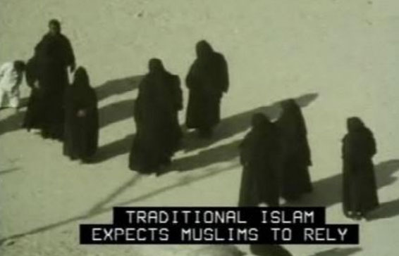 all caps captions, white letters on black background: traditional islam expects muslims.
