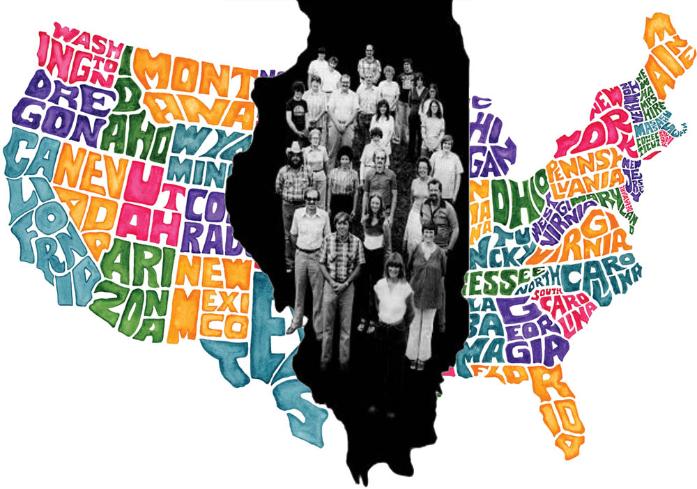 Silhouette of state of Illinois, inside is a group photo of several people.