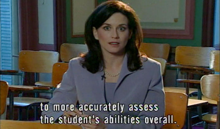 A woman looks at the camera. Captions read: to more accurately assess the students abilities overall.