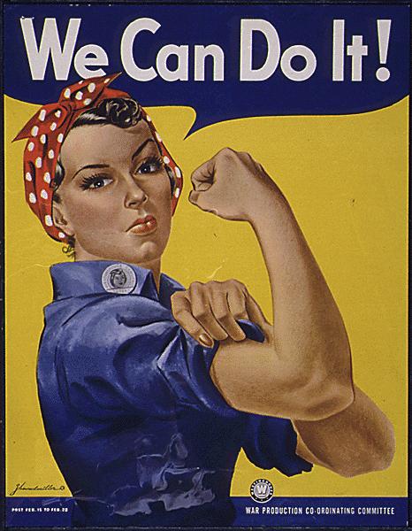 We Can Do It poster from 1940s. Woman in workshirt and bandana on head is rolling up sleeve flexing bicep.