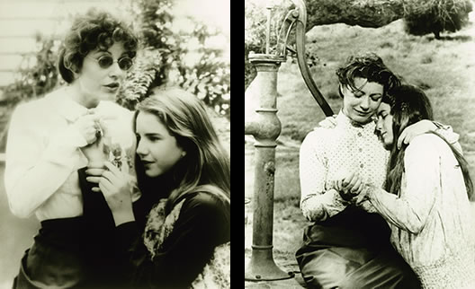 Patty Duke and Melissa Gilbert pose for black and white promotional photos on the set of The Miracle Worker