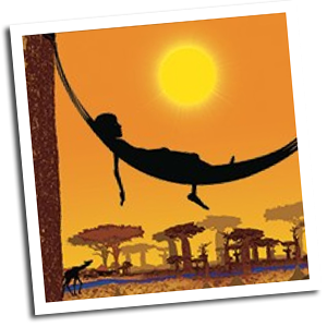 Moko in silhouette lying in a hammock on a hot, sunny day. A giraffe walks in the distance.
