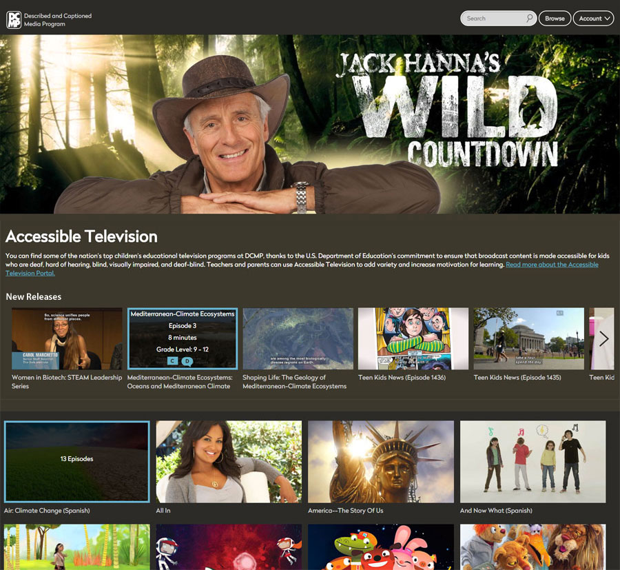 accessible television webpage shows jack hanna and several thumbnail images of TV shows.
