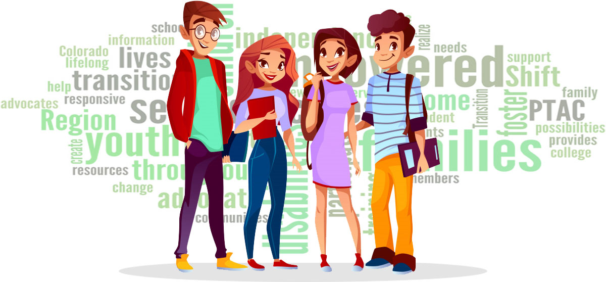 cartoon image of four teenagers holding books and notebooks.