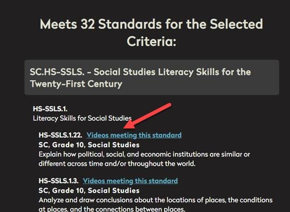 screen shot with arrow pointing to listing of the specific standards met for this video.