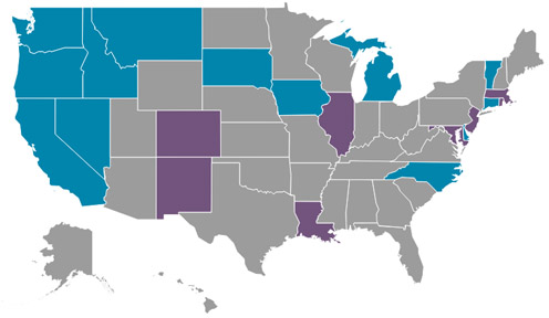 map of the united states with some states colored, blue, some gray, and some purple.