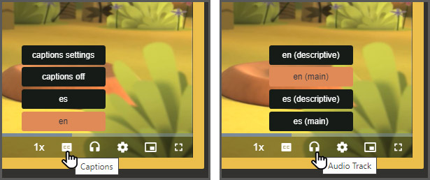 Two close ups of player controls. One, Captions selected with pop up menu showing choices of Captions Settings, Captions off, es for spanish, en for English. Two, Audio Track selected with pop up menu showing choices of en (English) descriptive, en (English) main, es (Spanish) descriptive, es (Spanish) main.