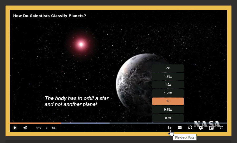 Full player window shows mouse pointer on 1X which is the icon for playback rate. Pop up menu shows choices: .5X, .75X, 1X, 1.25X, 1.5X, 1.75X and 2X