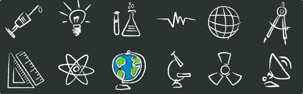 A chalkboard image with icon sketches of a syringe, lightbulb, test tubes, heart monitor graph, globe, compass, ruler and triangel, atom, microscope, nuclear symbol and a satellite.