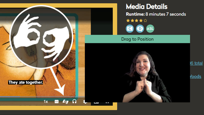 Screen shot of DCMP video player. Arrow points to icon at bottom of player of two hands signing the word interpret. A pop-up window shows a person signing.