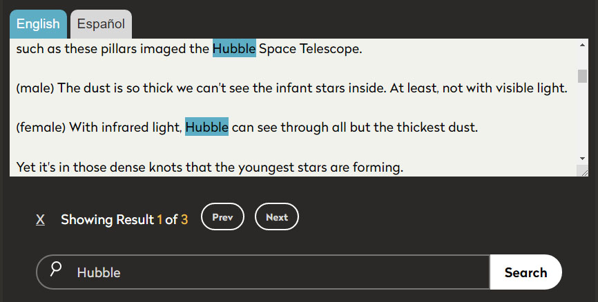 Search field with the word Hubble typed. Above, the transcript window shows a text segment that includes the search word.