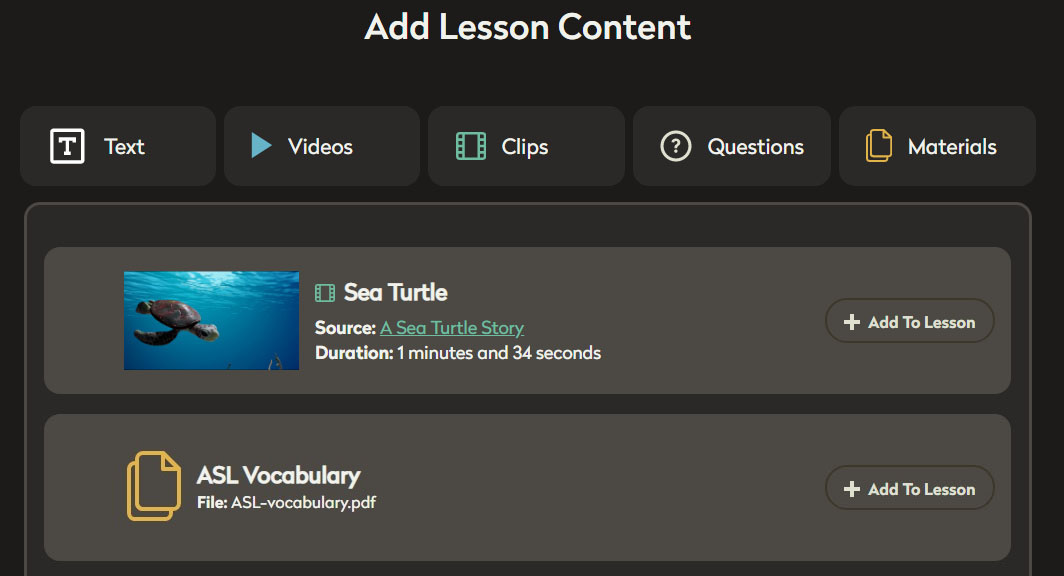 Screen shot of clips and lessons