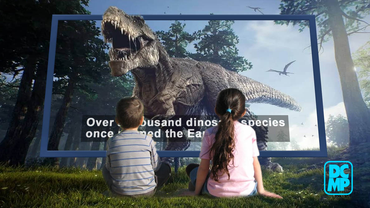 Two children watch a captioned TV showing a dinosaur.