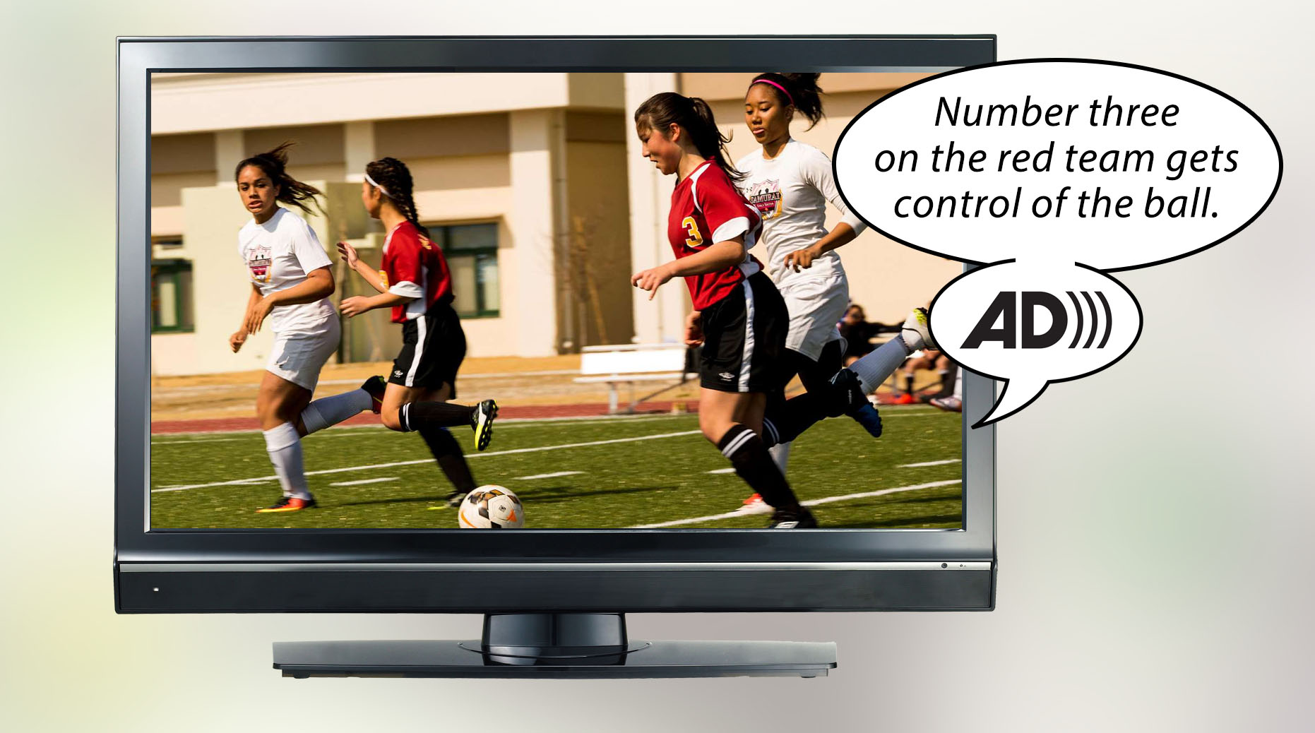 Image of a television with young women playing soccer. Word balloon indicates that words are being spoken to describe the action: Number three on the red team gets control of the ball.