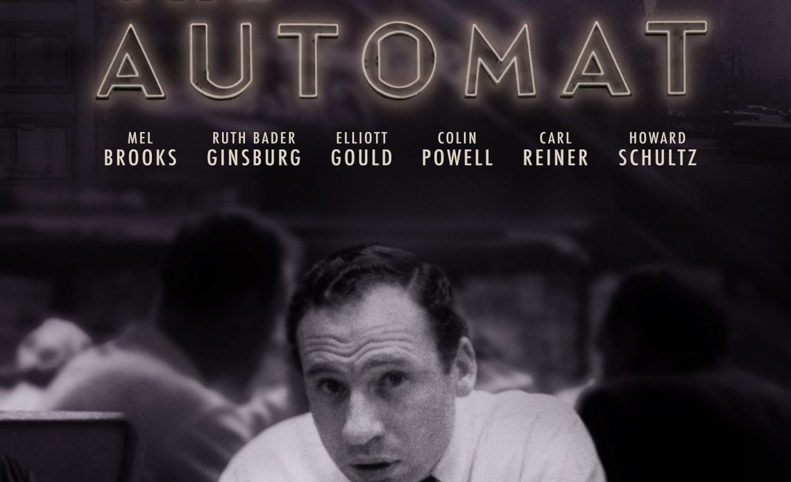 Actor Mel Brooks as a young man eating in a crowded Automat restaurant. Text says The Automat. Mel Brooks, Ruth Bader Ginsberg, Colin Powell, Elliot Gould, Howard Schultz.