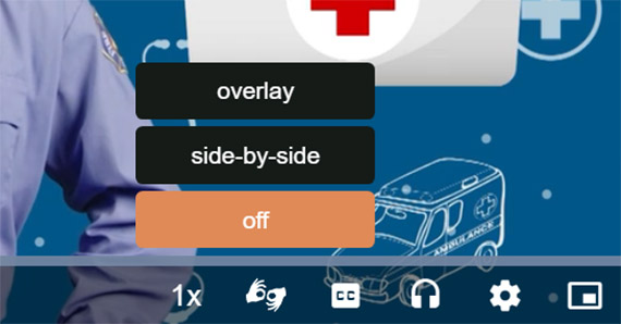 ASL pop-up settings menu shows three options: overlay, side-by-side, and off.