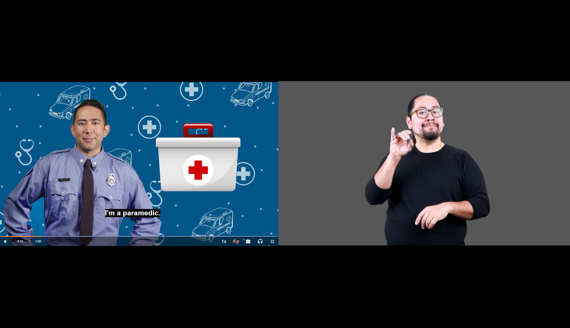 Screen capture of two videos playing side-by-side at the same size. One is an educational video, the second is a sign language interpreter.