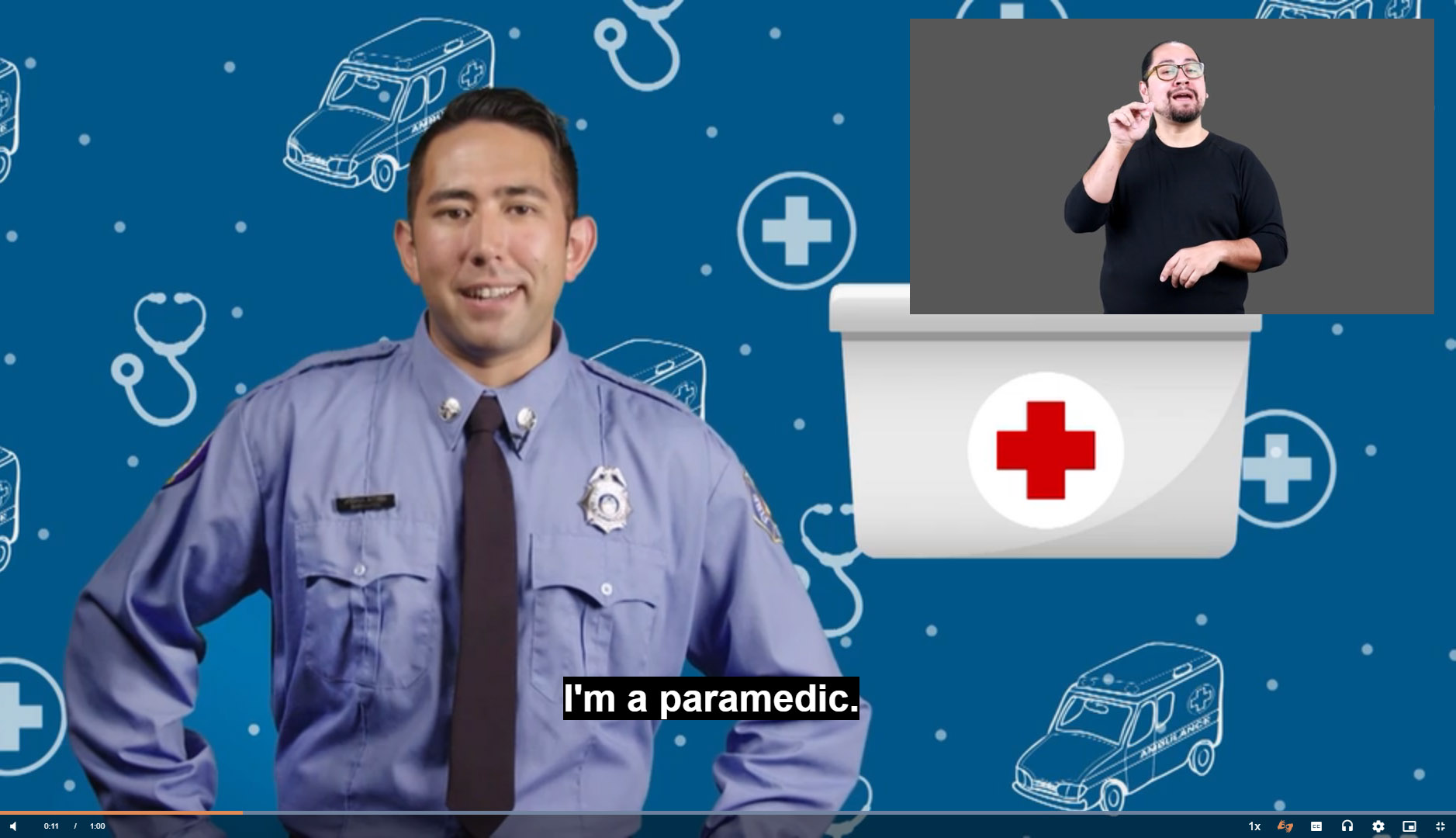Full-screen educational video playing with a smaller window in the upper right hand corner showing a person using sign language.
