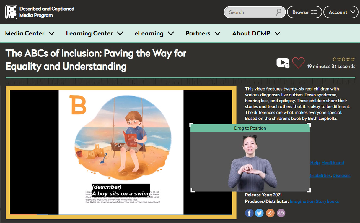 Video playing on DCMP website with captions, audio description, and a second smaller video player that shows a person using sign language.
