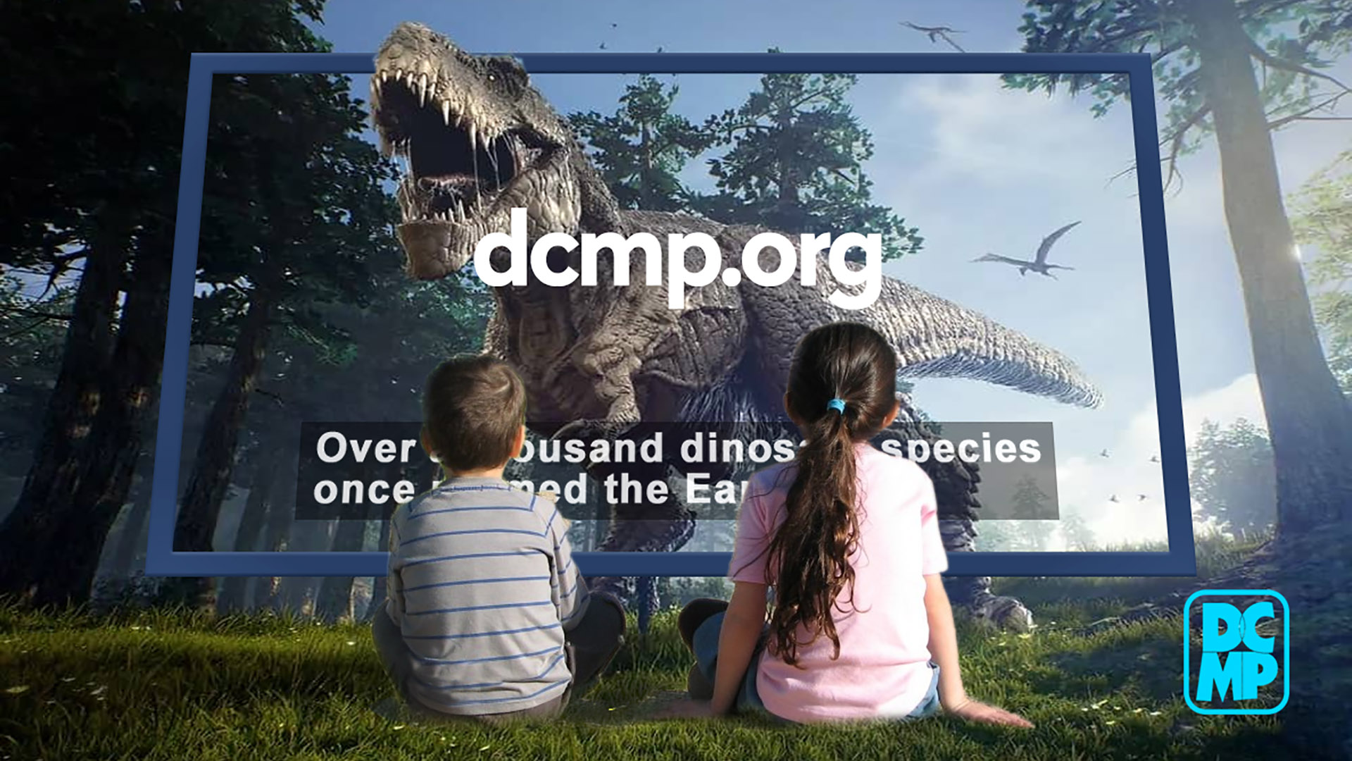 Two children sit in the woods with a large TV screen in front of them showing a 3D T-Rex dinosaur coming through the screen.