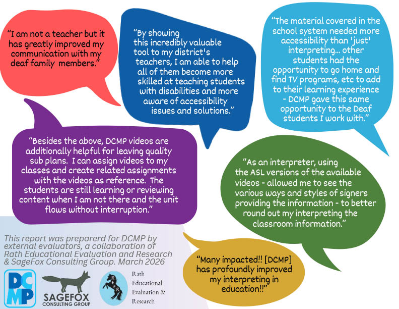 Informational graphic. DCMP user quotes in colorful word balloons. #1. I am not a teacher but it has greatly improved my communication with my deaf family members. #2. By showing this incredibly valuable tool to my district’s teachers, I am able to help all of them become more skilled at teaching students with disabilities and more aware of accessibility issues and solutions. #3. The material covered in the school system needed more accessibility than just interpreting… other students had the opportunity to go home and find TV programs, etc, to add to their learning experience. DCMP gave this same opportunity to the deaf students I work with. #5 Besides the above, DCMP videos are additionally helpful for leaving quality sub plans. I can assign videos to my classes and create related assignments with the videos as reference. The students are still learning or reviewing content when I am not there and the unit flows without interruption. #6. Many impacted!! DCMP has profoundly improved my interpreting in education!! Additional text says This report was prepared for DCMP by external evaluators, a collaboration of Rath Educational Evaluation and Research & SageFox consulting Group. March 2026.