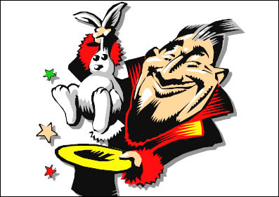 Cartoon magician pulls rabbit out of a hat.