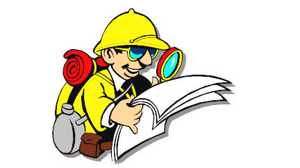 Cartoon of explorer with hat, backpack, canteen and magnifying glass reading a map.