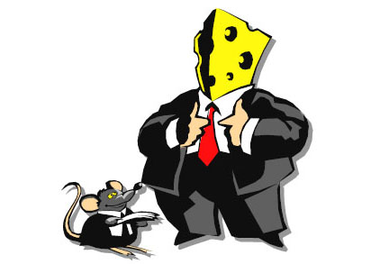 Cartoon of a man in a suit with swiss cheese for a head.