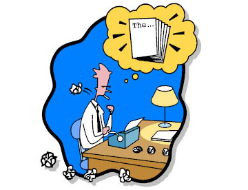 Cartoon of a man sitting at a desk with a typewriter.