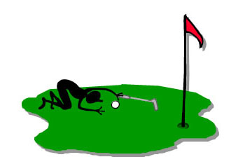 Cartoon of a golfer lining up a  put on the green close to a hole with a flag sticking out of it.