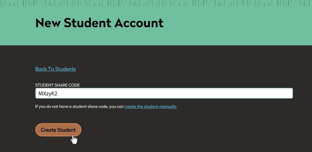 new student account. Field to enter code.  Create student.