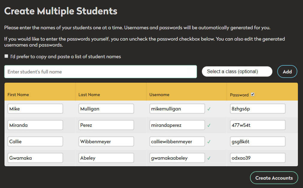 create multiple students. shows fields to enter students names and checkbox to import a list.