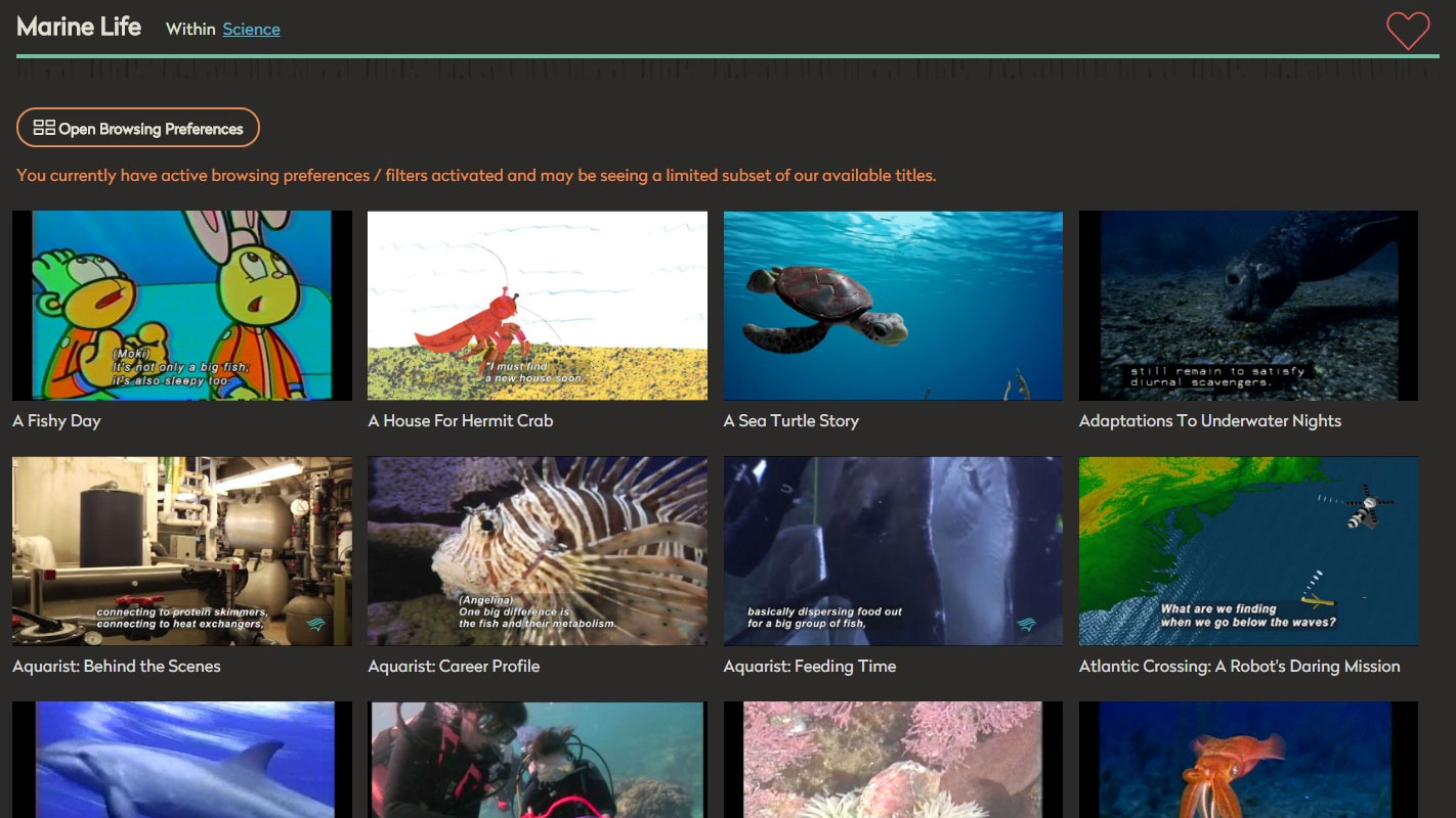 Marine Life subtopic list of videos.