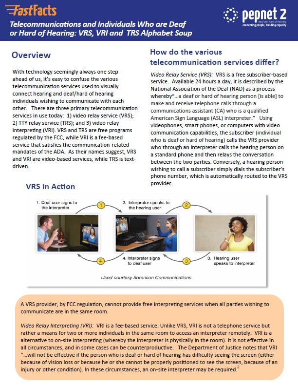 Telecommunications and Individuals Who are Deaf or Hard of Hearing: VRS, VRI and TRS Alphabet Soup