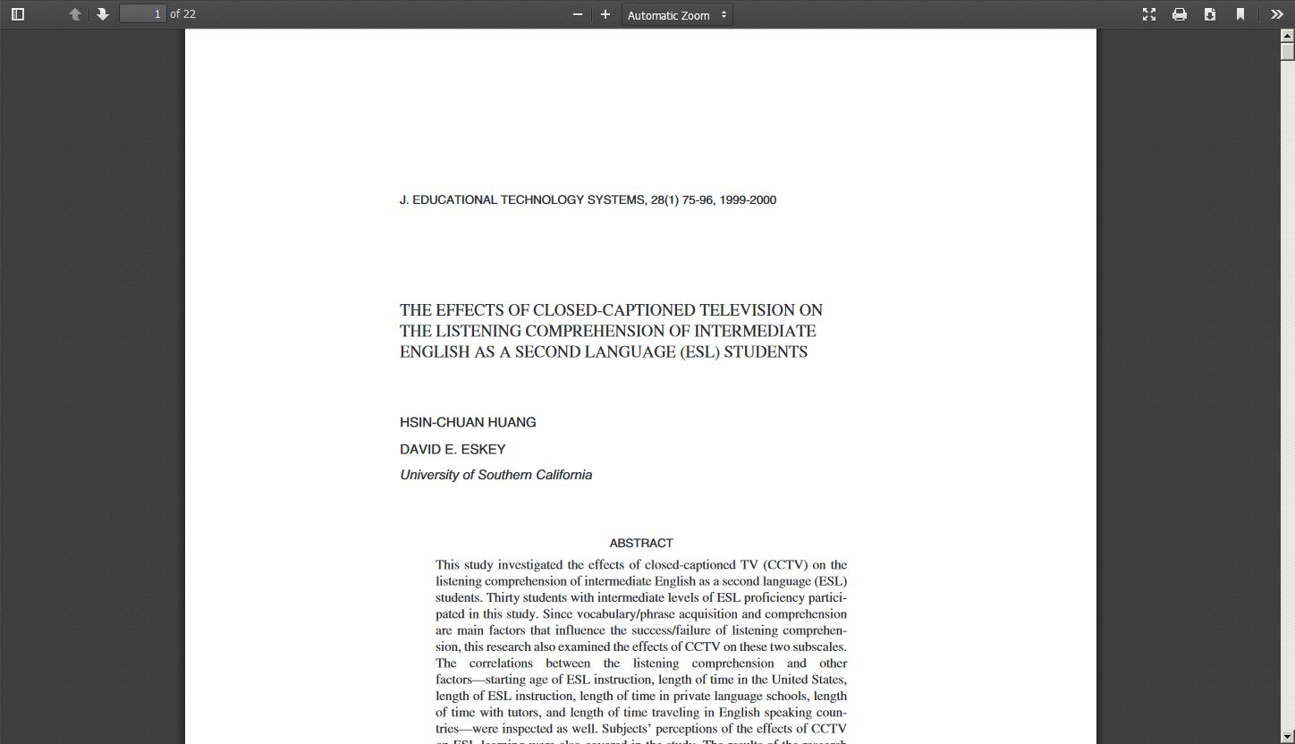 The Effects of Closed Captioned Television on the Listening Comprehension of Intermediate English as a Second Language (ESL) Students