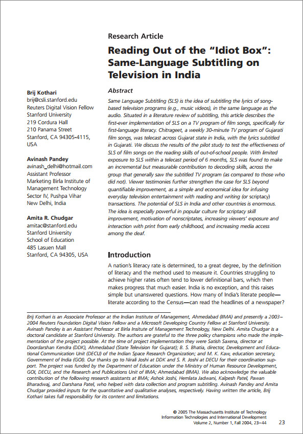 Reading Out of the "Idiot Box": Same Language Subtitling on Television in India