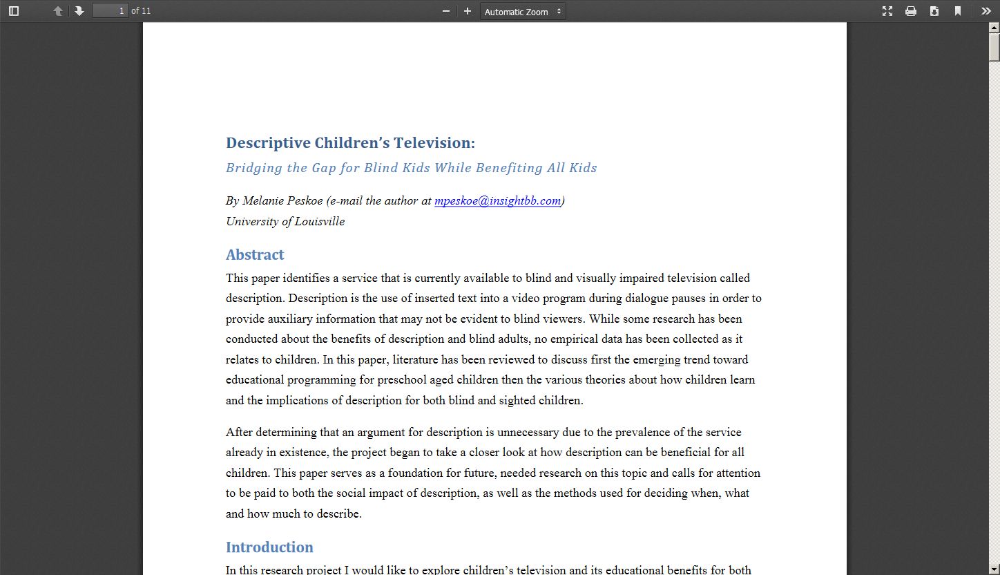 Descriptive Children's Television: Bridging the Gap for Blind Kids While Benefiting All Kids