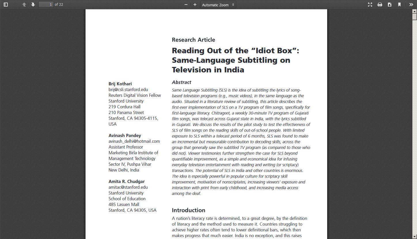 Image from: Reading Out of the "Idiot Box": Same Language Subtitling on Television in India
