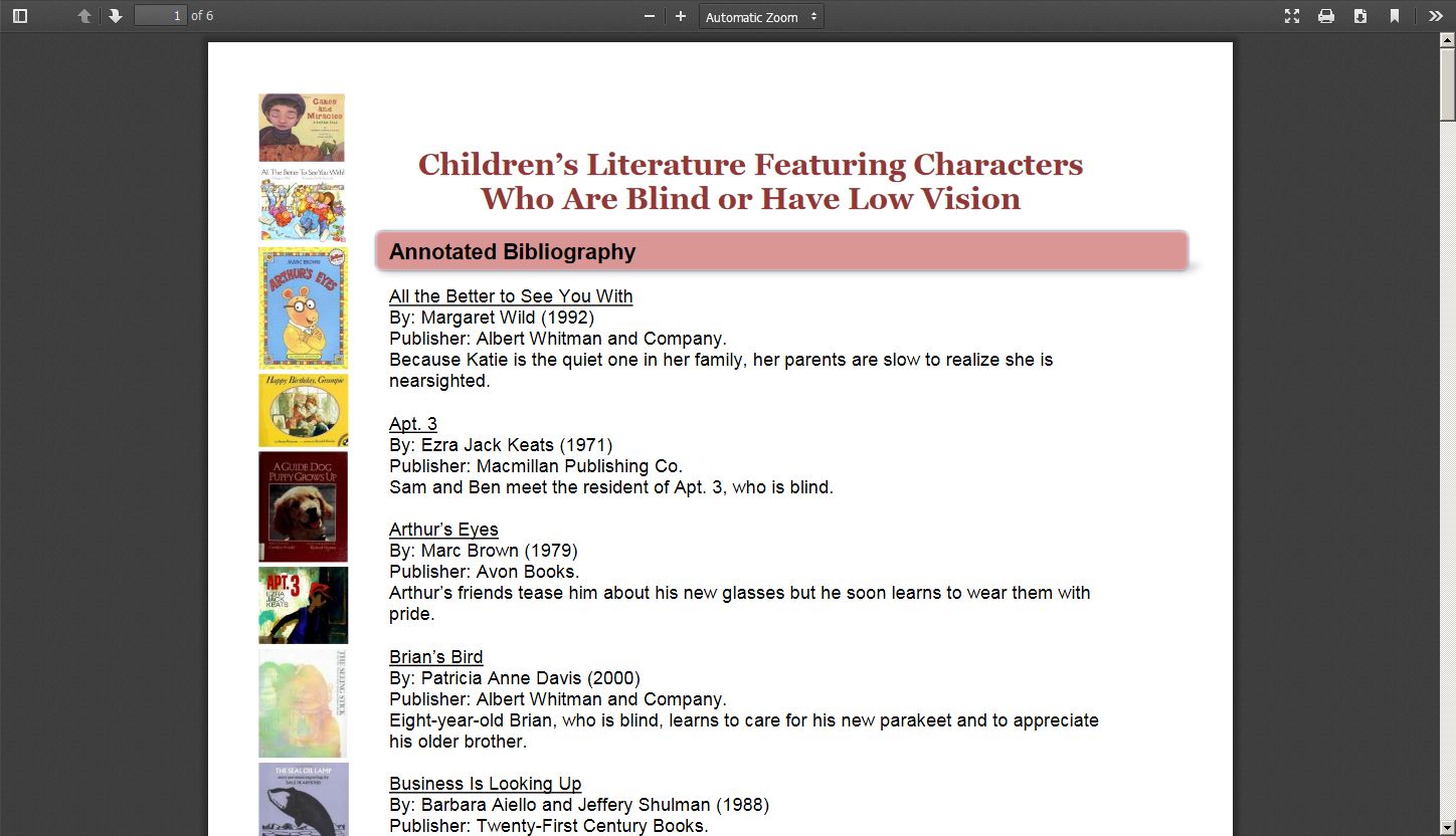 Children's Literature Featuring Characters Who are Blind or Have Low Vision: Annotated Bibliography