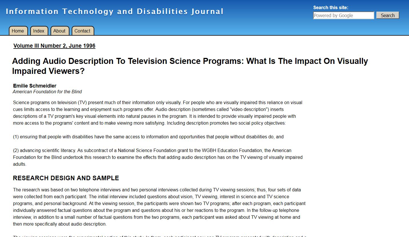 Adding Audio Description to Television Science Programs: What is the Impact on Visually Impaired Viewers?