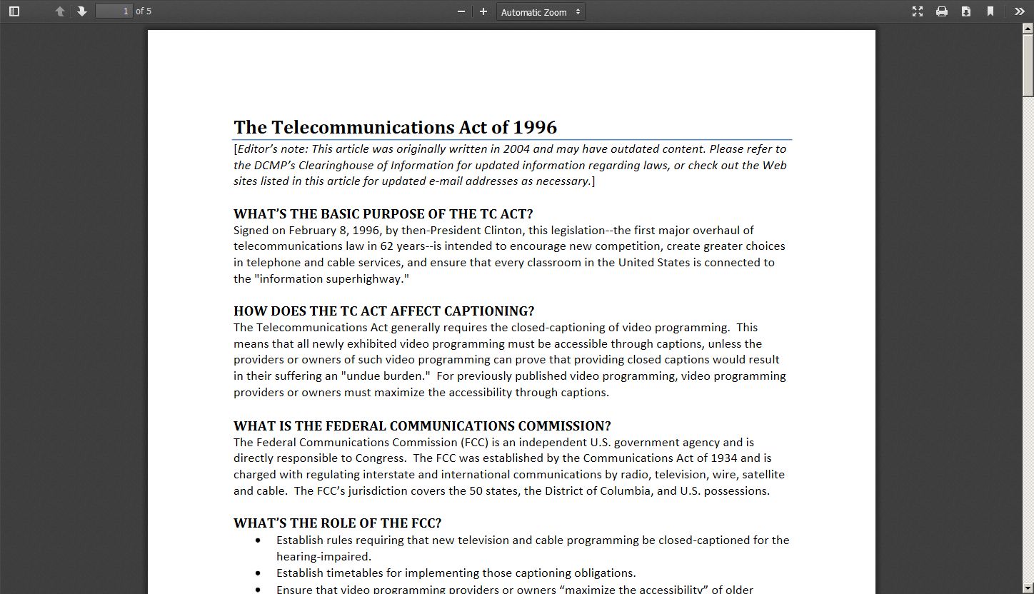 The Telecommunications Act Of 1996