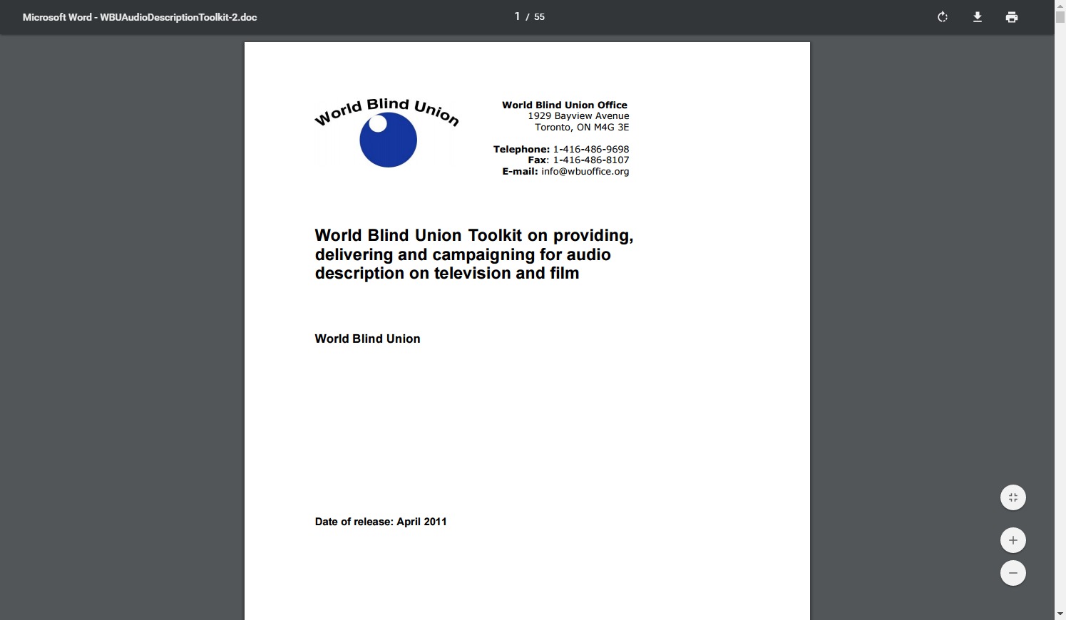 Image from: World Blind Union Toolkit On Providing, Delivering and Campaigning for Audio Description on Television and Film